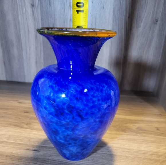 Hand Blown Glass Vase Vibrant Blue White Speckled Yellow Brim Art Glass - Picture 12 of 13